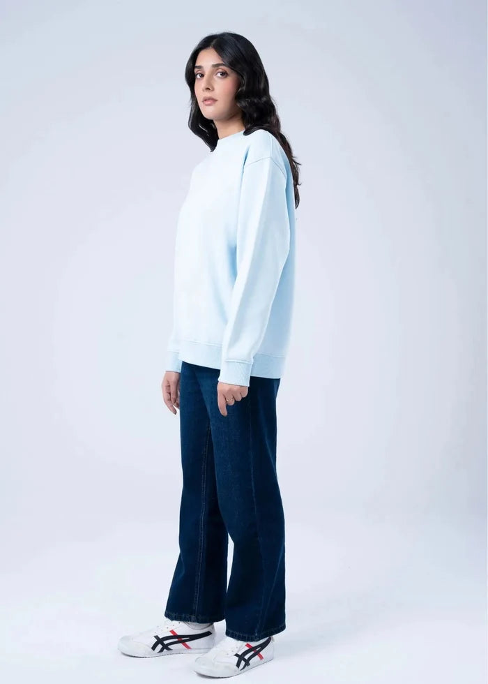 Women's winter knitted terry sweatshirt, light blue, crew neck, long sleeves, ribbed cuffs