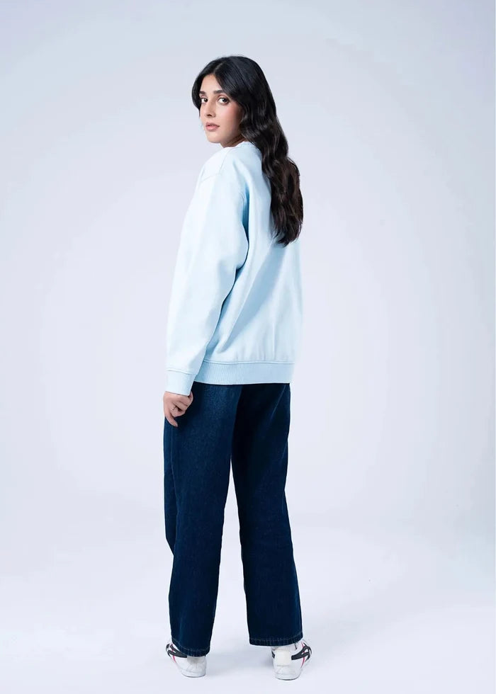 Women's winter knitted terry sweatshirt, light blue, crew neck, ribbed hem and cuffs