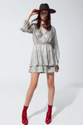 Wrap Long Sleeve Tiered Silver Dress - dress