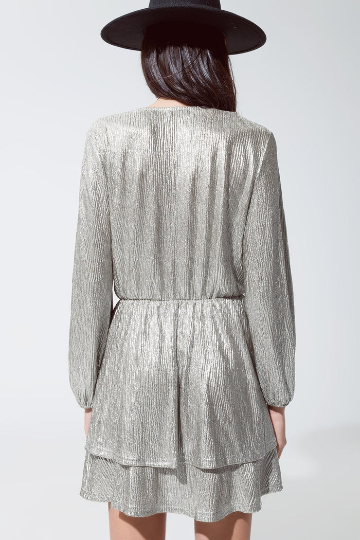 Wrap Long Sleeve Tiered Silver Dress - dress