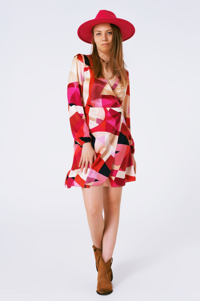 Wrap Short Abstract Print Dress in Fuxia - dress