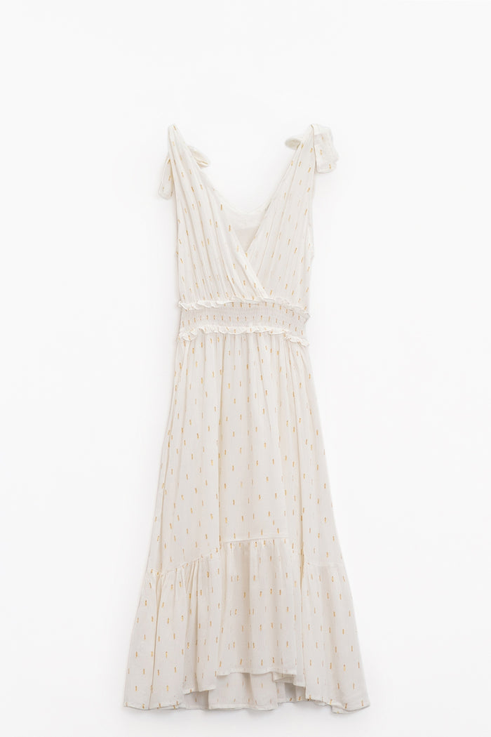 Wrapped White Midi Dress With Smock Detail At The Waist and Golden Polka Dots - dress