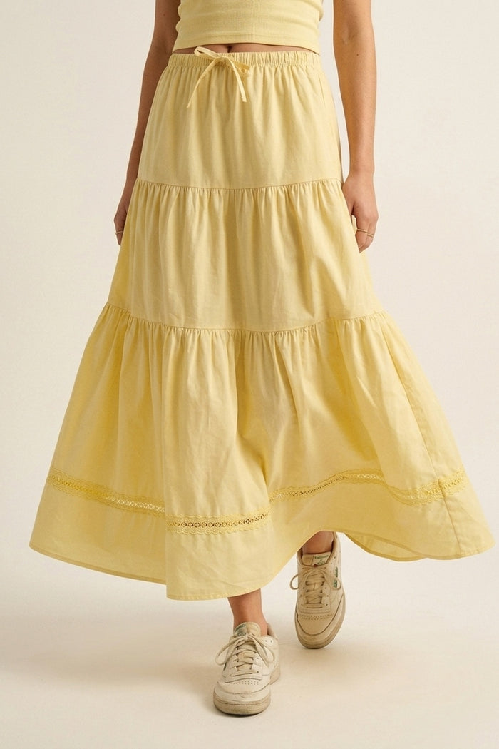 Yellow Poplin Maxi Skirt with Lace Detail