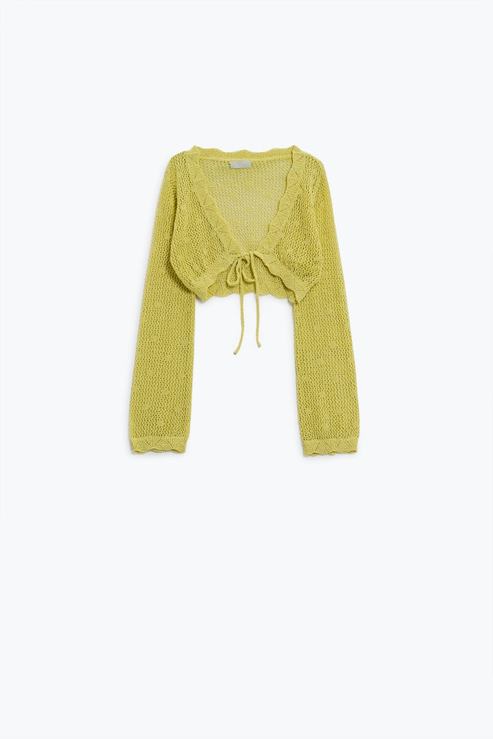 Yellow short crochet cardigan with lurex detail