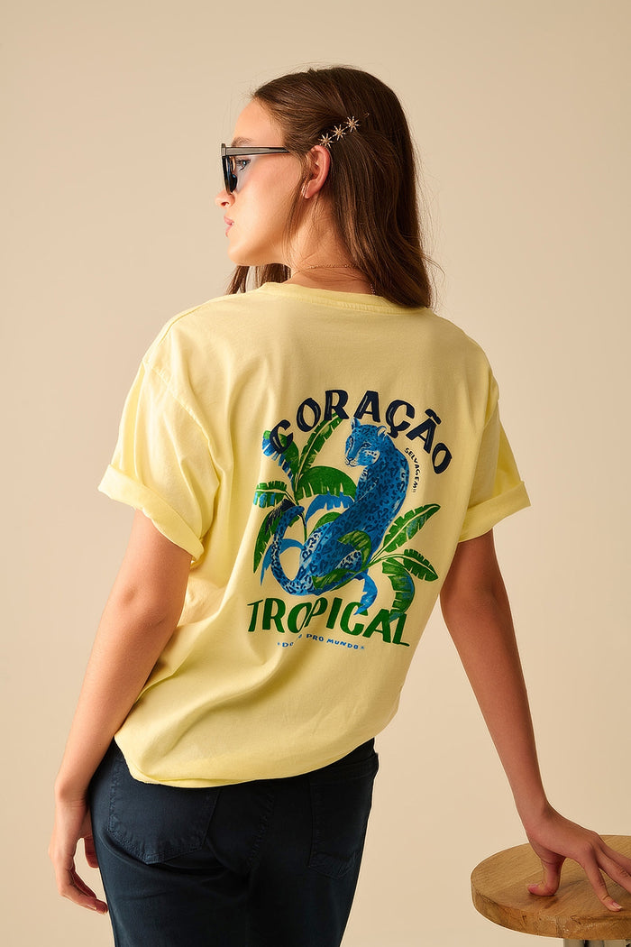 Yellow t-shirt made in Italy with tropical graphic print - top