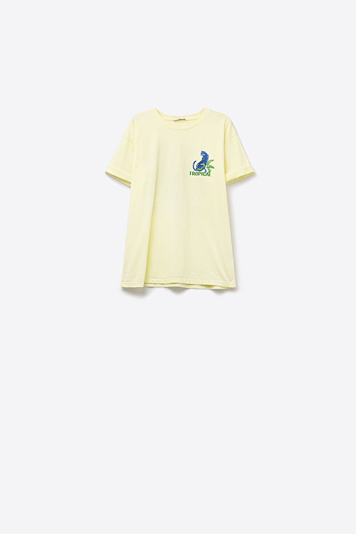 Yellow t-shirt made in Italy with tropical graphic print - top