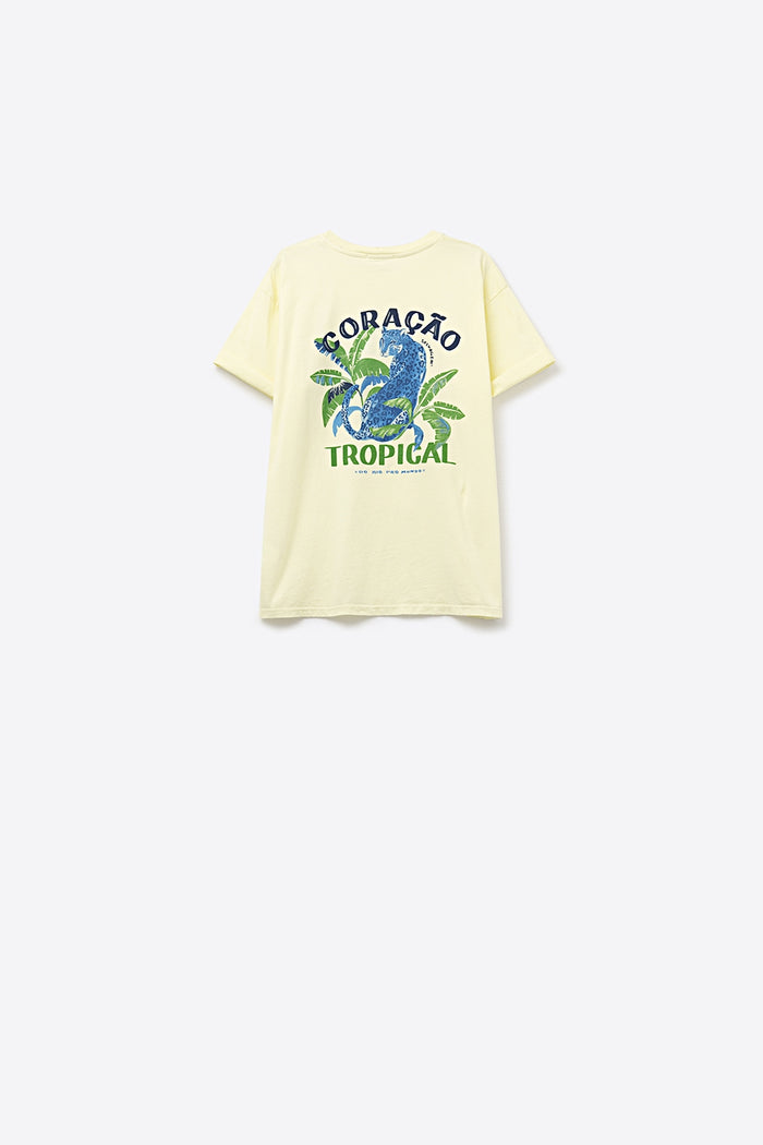 Yellow t-shirt made in Italy with tropical graphic print - top